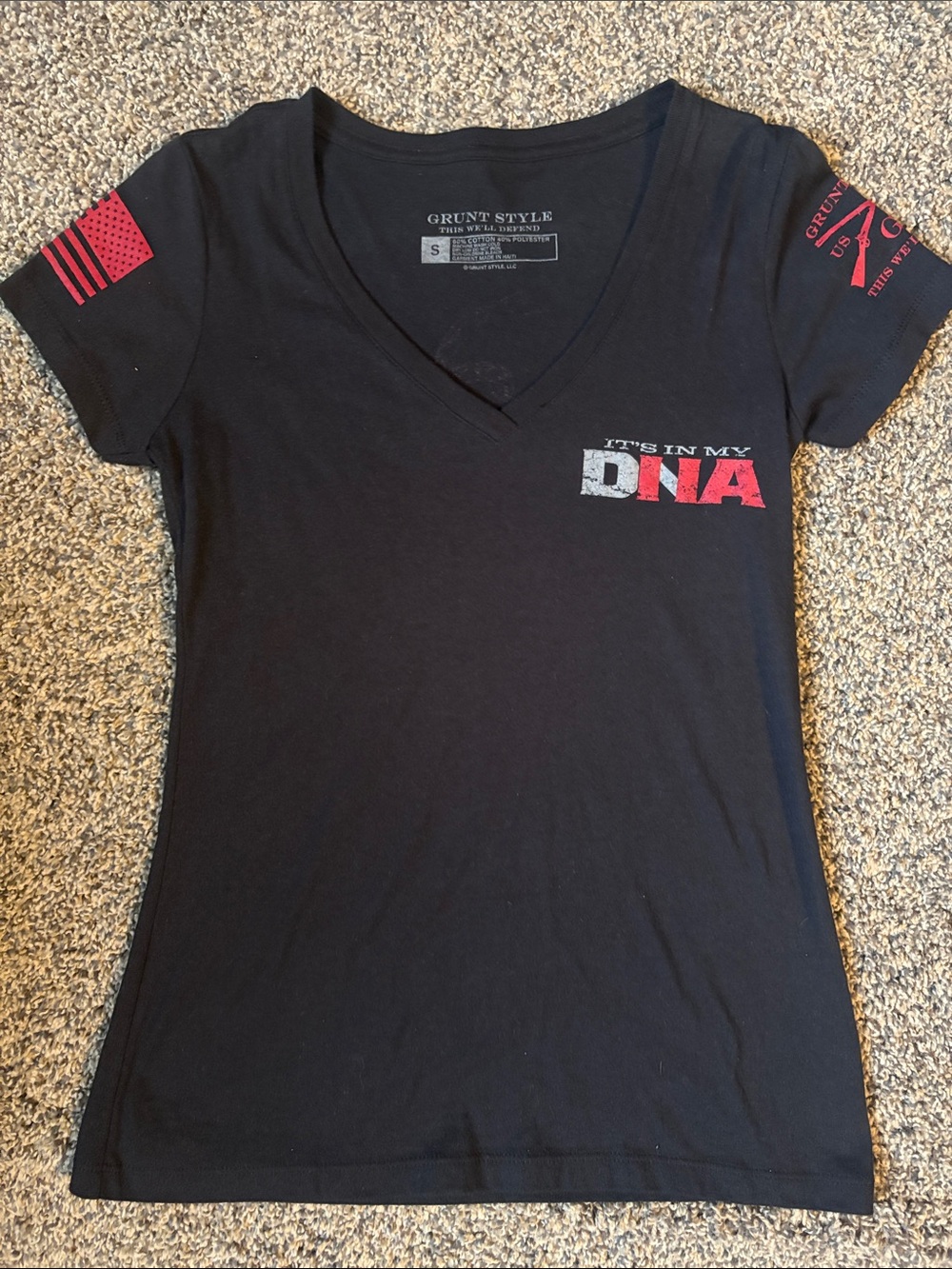 Grunt Style Black V-Neck Women's 'DNA' Graphic Tee with Red Accents